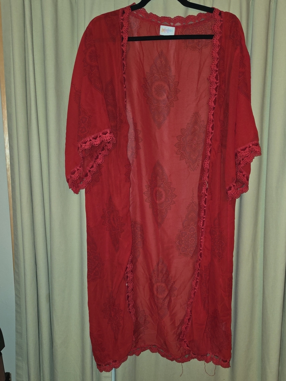 LuLaRoe Red Sheer Lace-Trim Kimono Robe